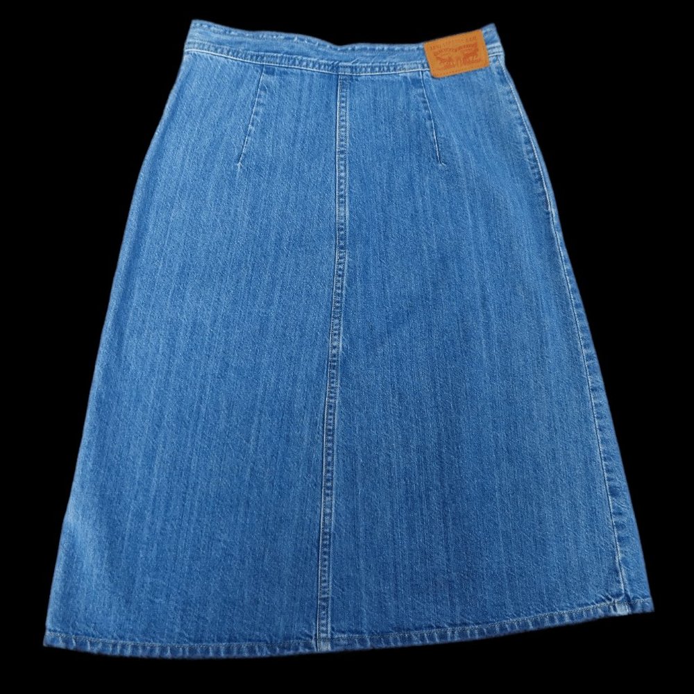 Levi's Denim Skirt Cargo Front Slit Pockets Zip Button Fly Knee Patch Logo W25 S - Picture 5 of 7